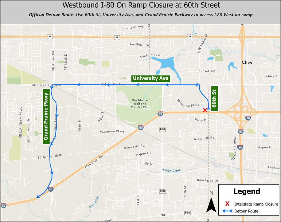 Map showing the westbound I-80 on-ramp closure at 60th Street in the Des Moines area. The official detour route is marked with blue arrows: from 60th Street, travel west on University Avenue, then south on Grand Prairie Parkway to access the I-80 West on-ramp. A red X marks the closed ramp location near the Des Moines Golf and Country Club. The legend indicates the red X represents the interstate ramp closure and blue arrows indicate the detour route.