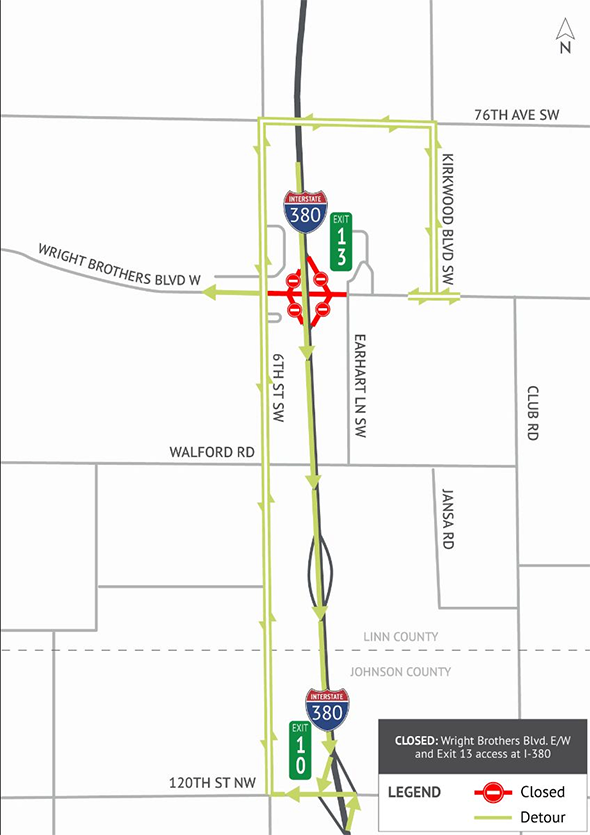 Wright Brothers Boulevard from 6th to Earhart and I-380 Ramps Detour Map