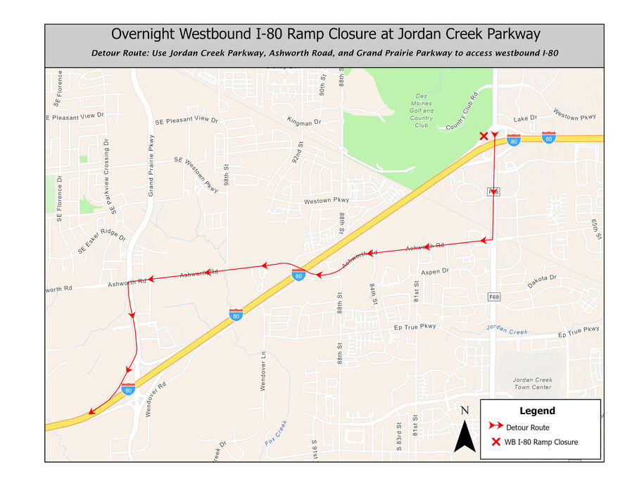 Westbound I-80 on-ramp closure at Jordan Creek Parkway