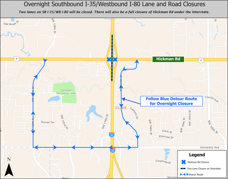 US 6/Hickman Road Overnight Closure and Lane Restriction Detour Map