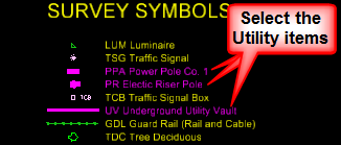 Utility symbols list with callout indicating which items to select.