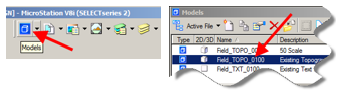 Models button and model list with Field_TOPO_0100 highlighted.