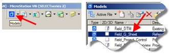 Models button and model list with Field_G_Sheet highlighted.