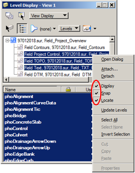 Level Display dialog with three references highlighted and Display option selected.