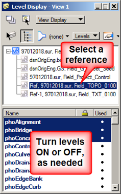 Level Display dialog showing references highlighted and level toggles.