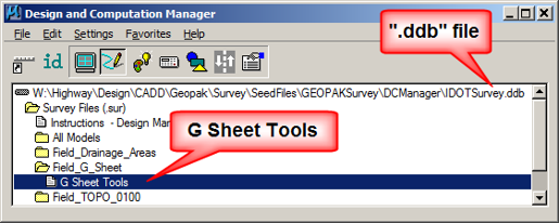 Design and Computation Manager showing IDOTSurvey.ddb file and G Sheet Tools.