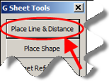 G Sheet Tools menu with Place Line & Distance selected.