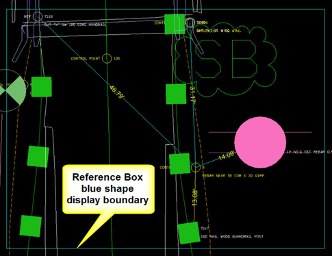 Survey view with blue reference‑box boundary around control‑point information.