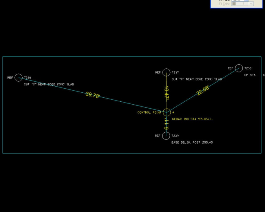 Simple control‑point reference layout with lines and distances to reference points.