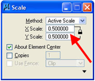 Scale dialog with X and Y scale settings and About Element Center option.