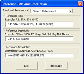 Reference Title and Description dialog showing fields for sheet/reference number, title, and descriptions.