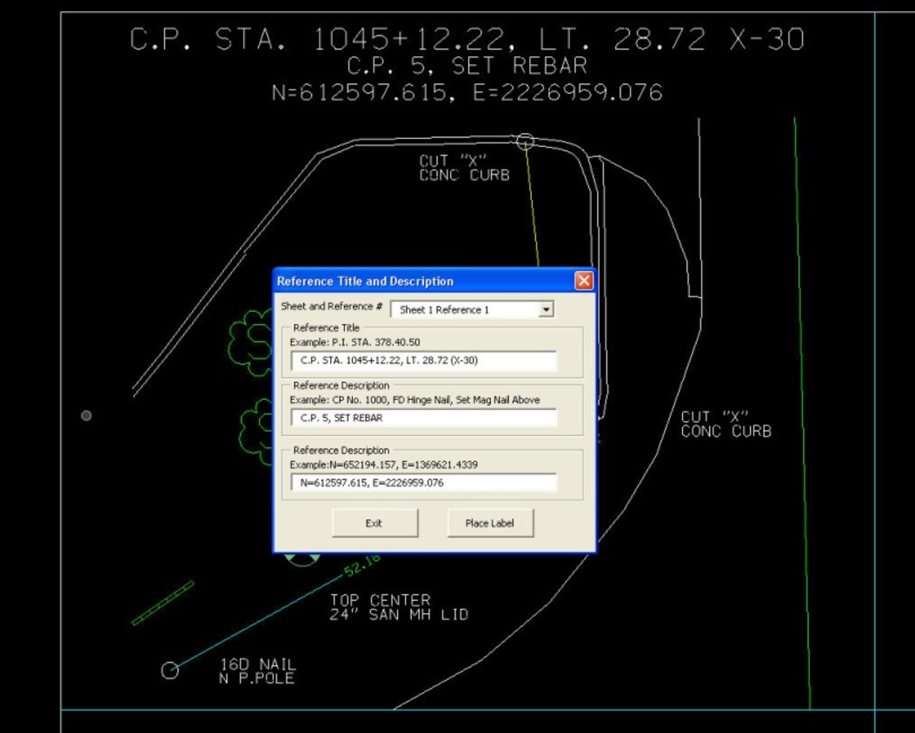 Control‑point reference box with Reference Title and Description dialog placed over the drawing.