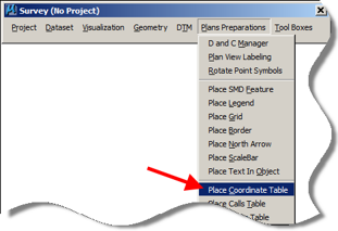 Survey toolbar showing Place Coordinate Table option highlighted.