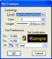 Set Feature dialog with text attributes for Header sample.