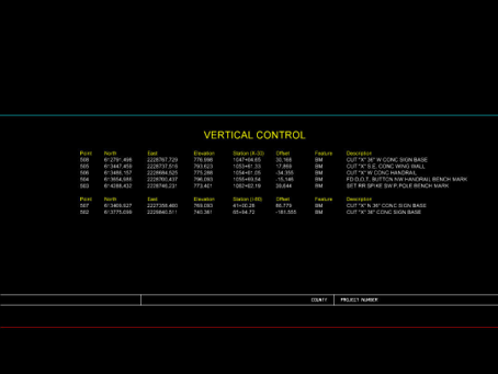 Vertical Control table placed on the sheet with benchmark data centered in the designated area.
