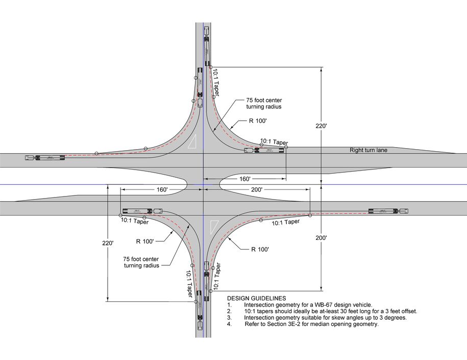 Diagram showing WB‑67 truck turning paths, radii, and taper lengths for a divided highway intersection layout.