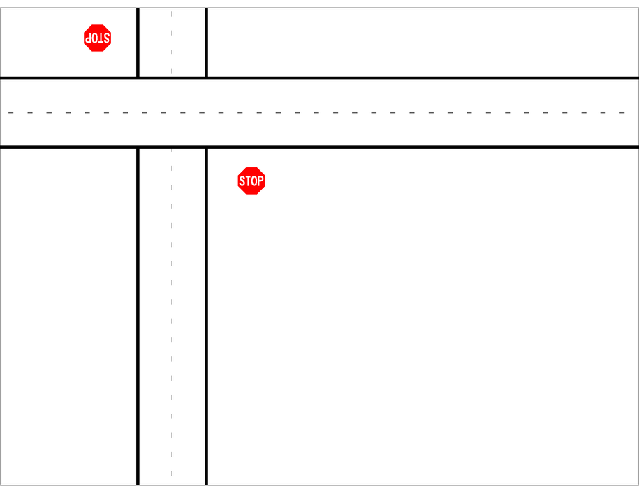 Diagram of a T‑intersection with dashed centerlines and two stop signs on side roads controlling entry to the main road.