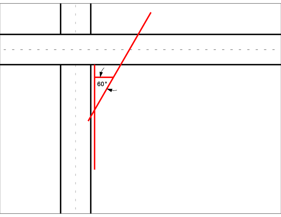 Intersection diagram with perpendicular roads, dashed centerline, and a red 60‑degree triangular marker beside vertical reference lines.