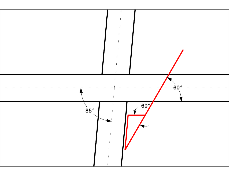 Intersection‑angle diagram with horizontal and diagonal roads meeting at 85°, 60°, and –60°, plus a red triangular construction.