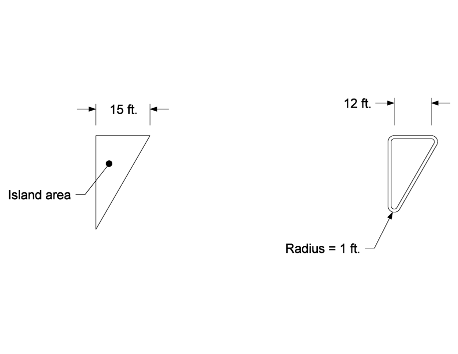 Side‑by‑side geometric comparison showing a 15‑ft‑wide triangular island and a modified 12‑ft‑wide version with rounded 1‑ft‑radius corners.