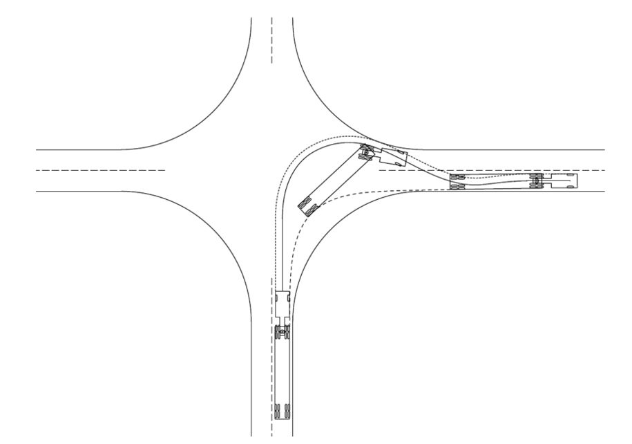 Semi‑truck and trailer shown at multiple points along a turn path to illustrate the swept area for large‑vehicle intersection turns.
