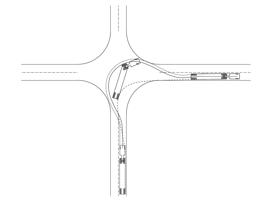 Semi‑truck and trailer shown in multiple right‑turn positions to illustrate articulation and clearance needed for large‑vehicle turns.