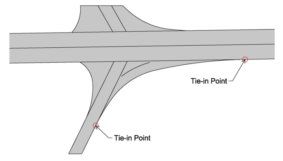 Diagram showing a main line with a diagonal branch and two labeled tie‑in points marking where the connections occur.