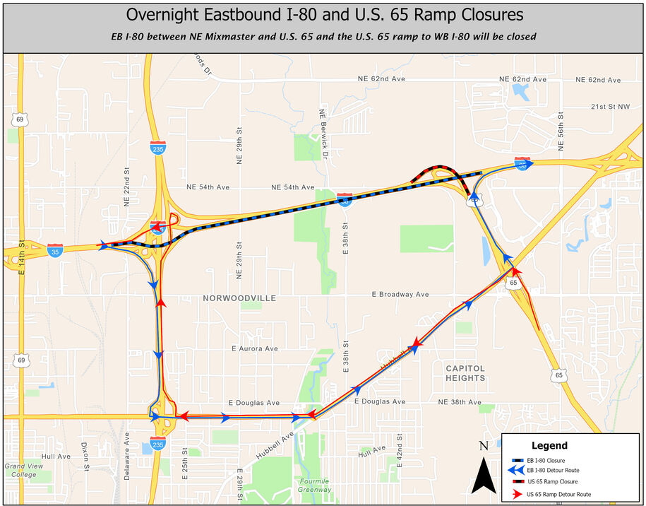 Eastbound I-80 and US 65 Ramp closure detour map August 25