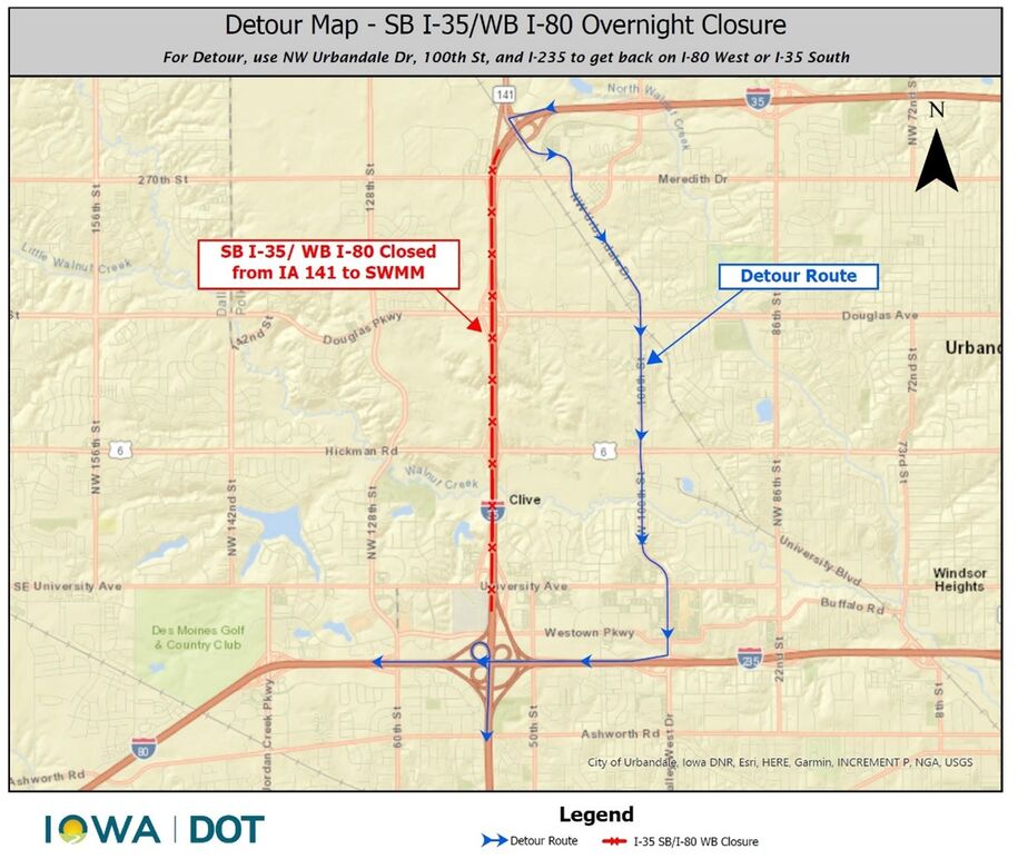 Detour map of SB I-35/WB I-80 Overnight  Closure