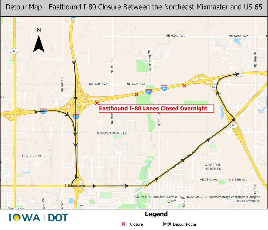 Eastbound I-80 overnight closure detour map August 28