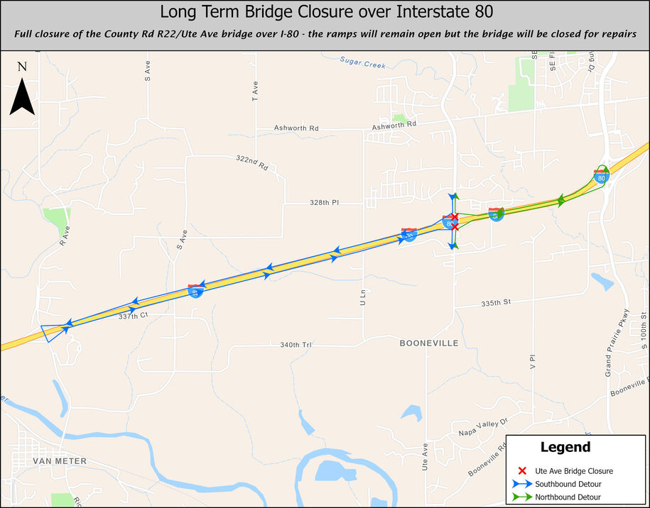 I-80 Dallas County Road R-22 Ute Ave long term bridge closure detour map