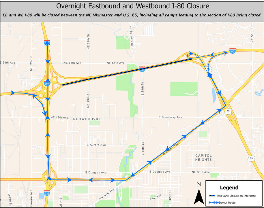 I-80 closures between NE Mixmaster and US 65 detour map August 26 and 27