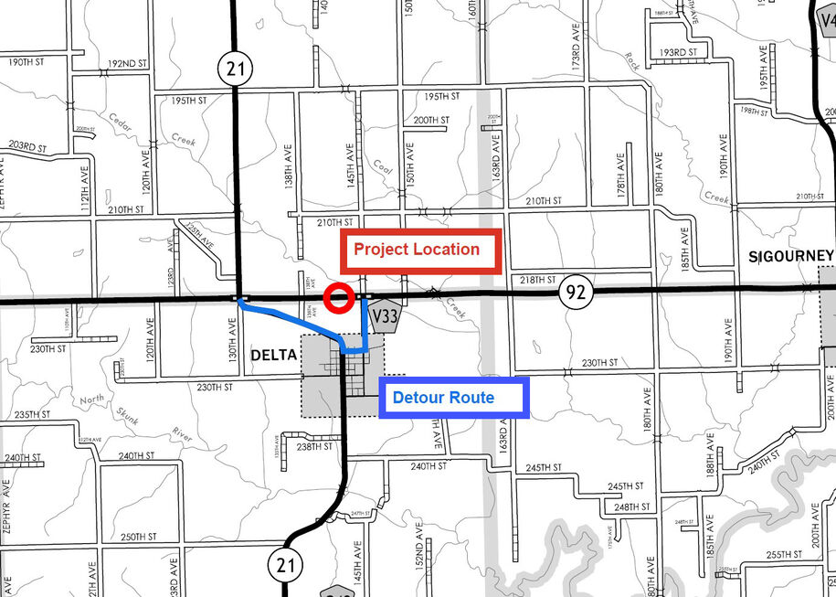 Iowa 92 Delta detour map Keokuk County