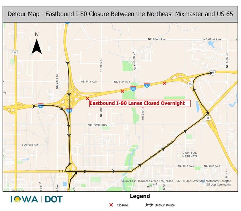 Detour map or an Eastbound I-80 closure between the northeast mixmaster and US 65