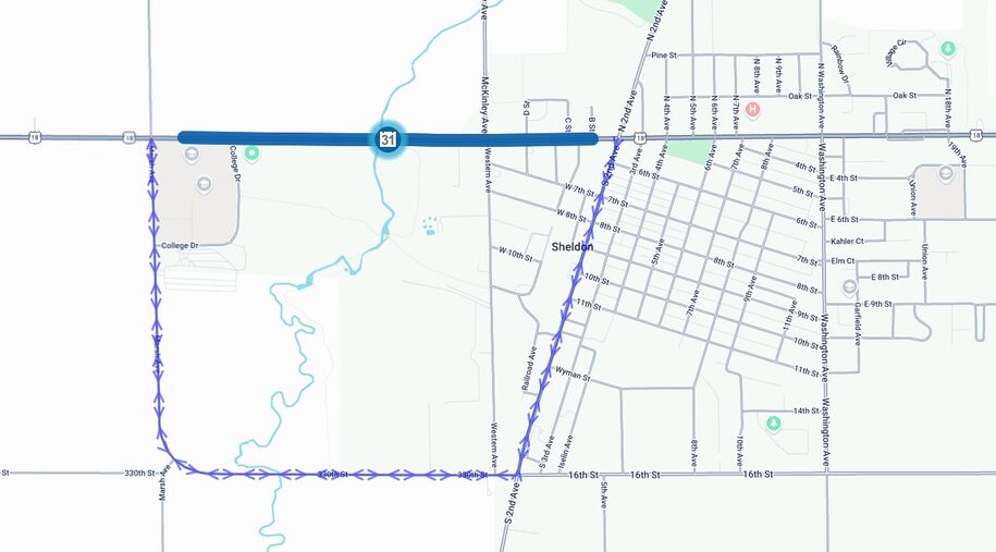 U.S. 18 UP joint project Sheldon detour map