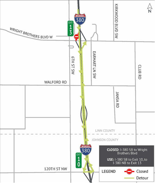 Map showing a closure of I‑380 southbound to Wright Brothers Blvd. The detour route runs south on I‑380 to Exit 10, loops back north to Exit 13, and returns to Wright Brothers Blvd. Closed segments and detour arrows are marked in red and green on the map.