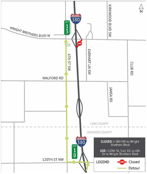 Map showing a closure from Wright Brothers Blvd to I‑380 northbound. The detour directs drivers southbound on I‑380 to 120th Street, then northbound on I‑380 to Exit 10. Closed points and detour arrows are highlighted.