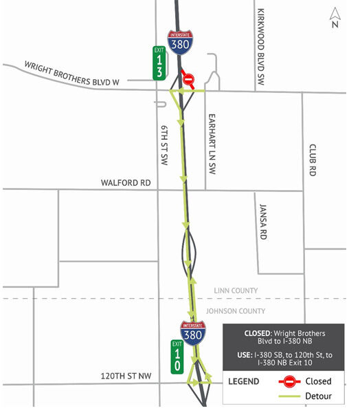  closure from Wright Brothers Blvd to I‑380 northbound, with the same detour via 120th Street and I‑380 Exit 10