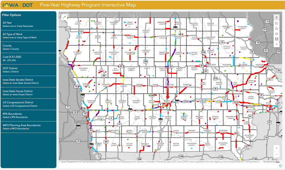  interactive Iowa DOT map titled “Five-Year Highway Program Interactive Map” showing the state of Iowa divided into counties with various colored lines and dots marking planned roadway projects.