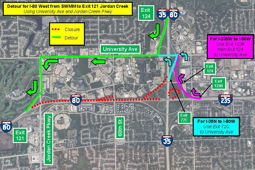 Detour map for westbound I-80 from SWMM to Jordan Creek Parkway