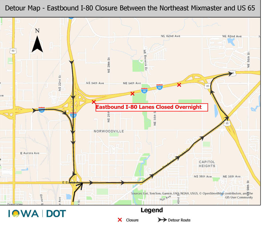 EB I-80 from NE Mixmaster to US 65 detour map