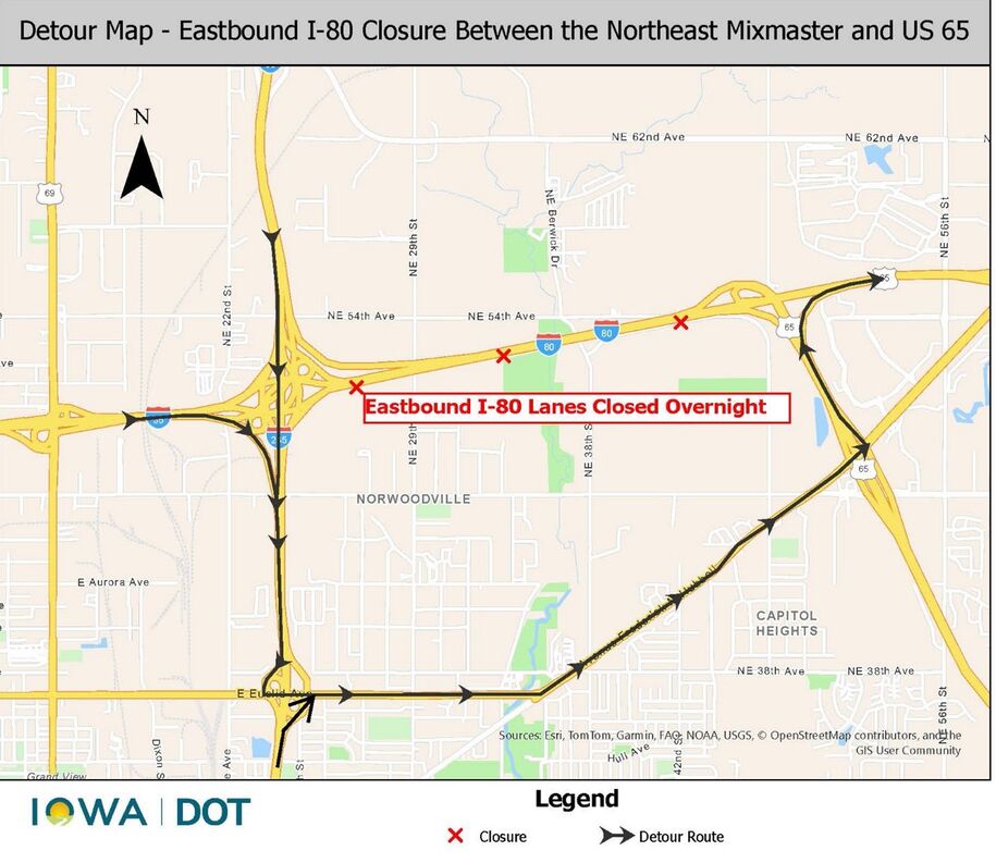 Eastbound I-80 to U.S. 65 detour map
