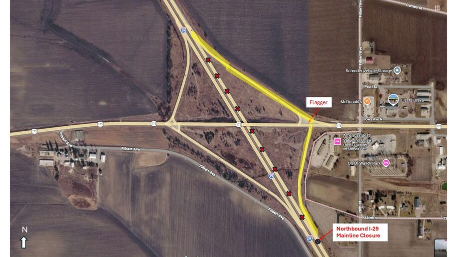 Onawa northbound I-29 mainline closure Oct  1 2026 11 a.m.