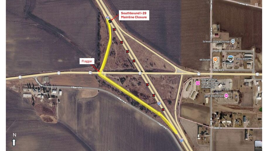 Onawa I-29 Mainline southbound closure Oct 1 2026 9am