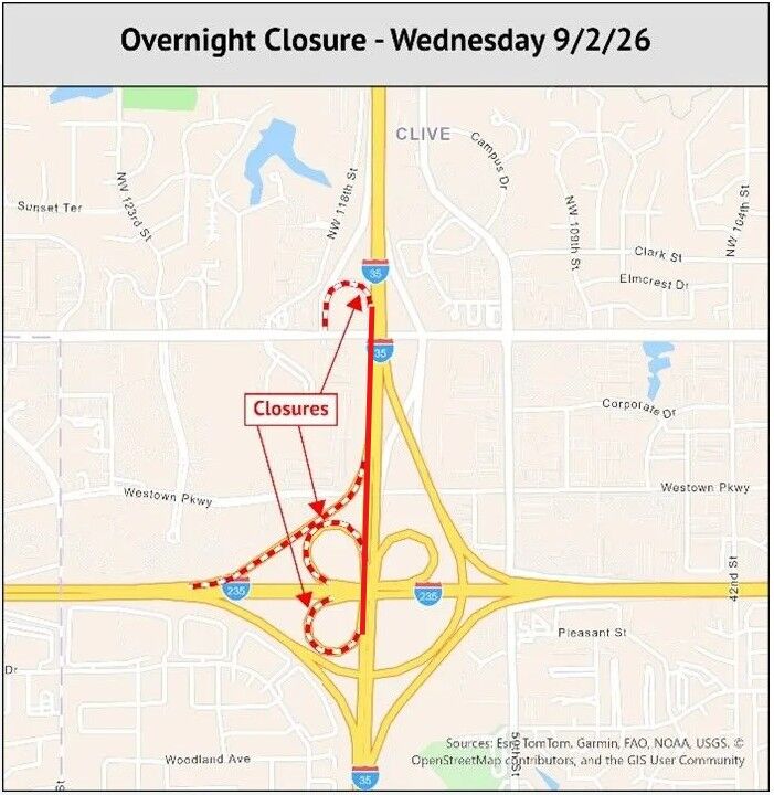 SWMM overnight closure detour map Wednesday, Sept. 2