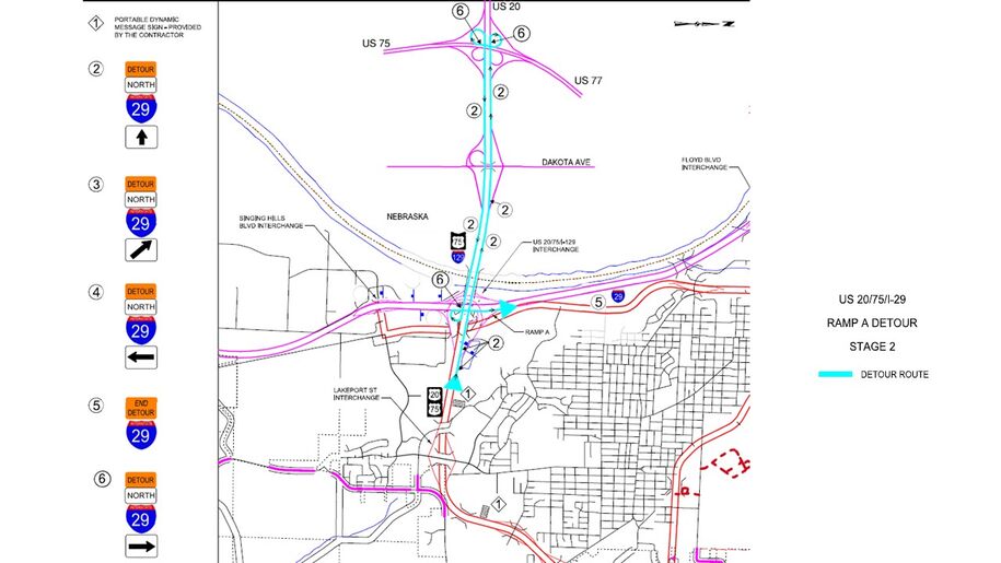 US 20/US75 to Northbound I-29 Sioux City detour map