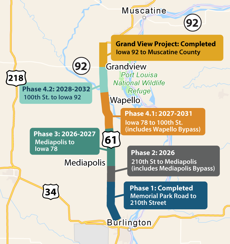 Map showing the location of each phase of the construction. The description for each location is included in the Project Schedule section.