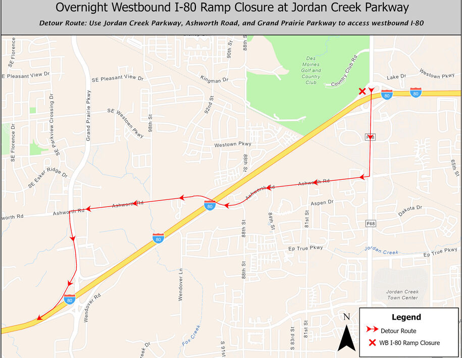 Westbound I-80 overnight on-ramp closure at Jordan Creek Parkway