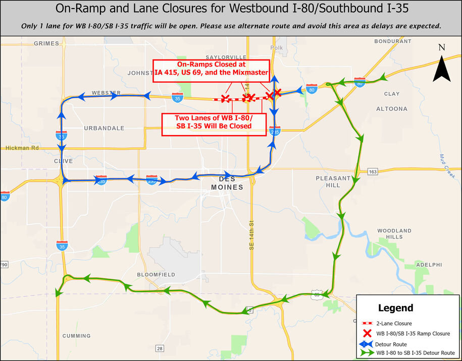 Map of on-ramp and lane closures for westbound I-80/southbound I-35 as described in text.