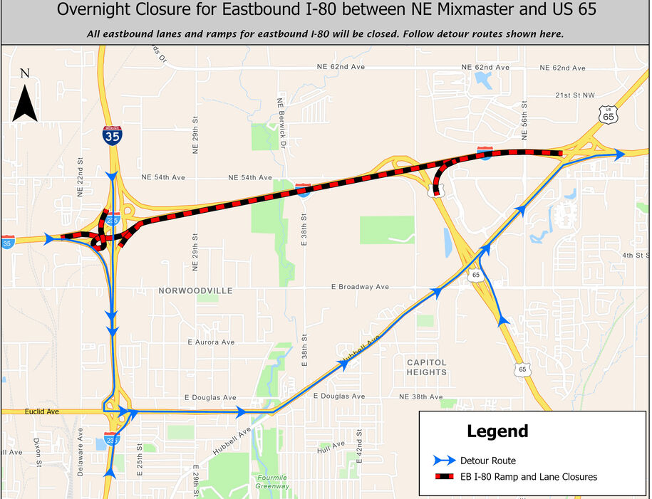Eastbound I-80 closure from NE Mixmaster to U.S. 65